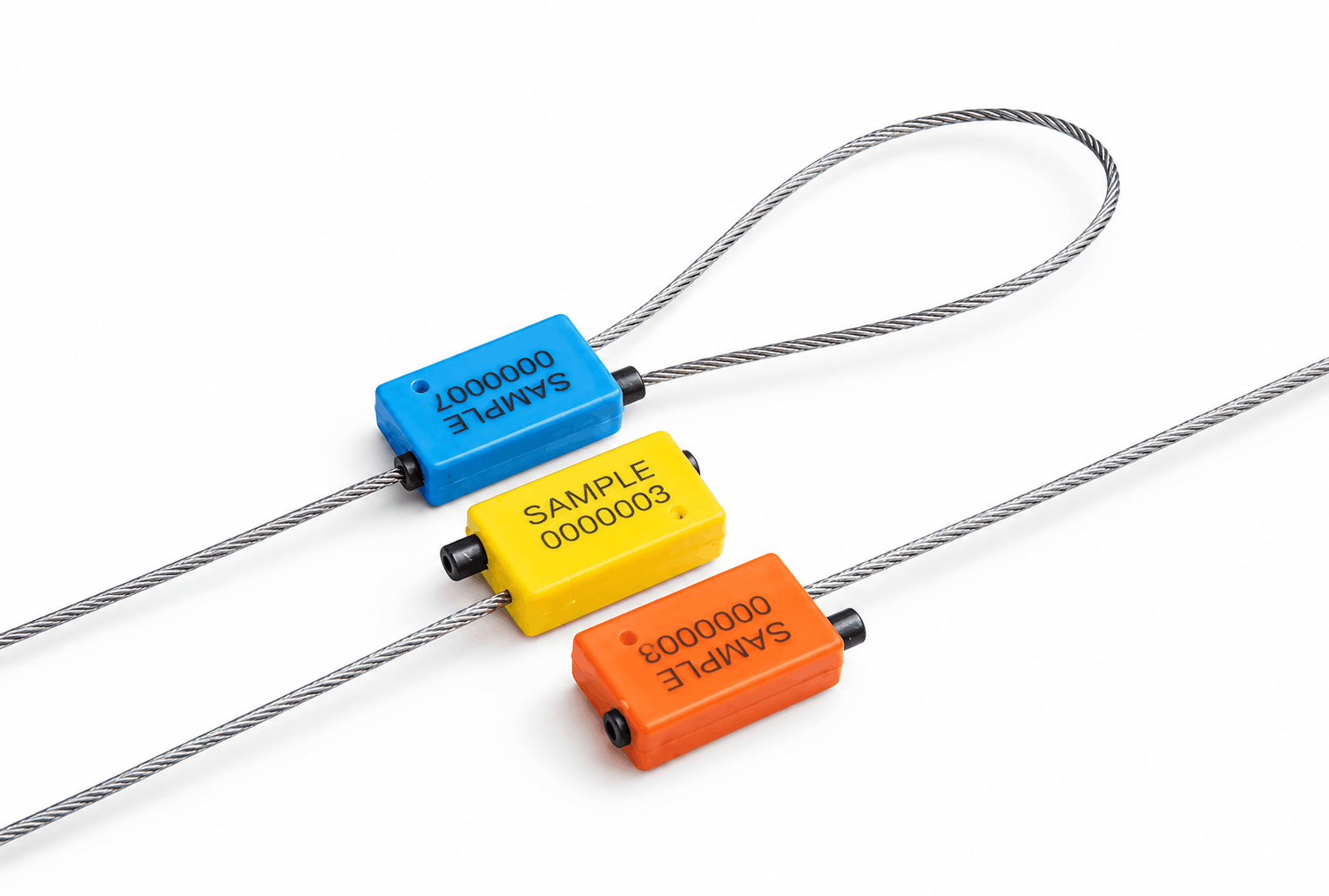 Кабелни пломби за сигурност CABLE SEAL 1.8×300 с метално въже и уникална номерация в син, жълт и оранжев цвят.